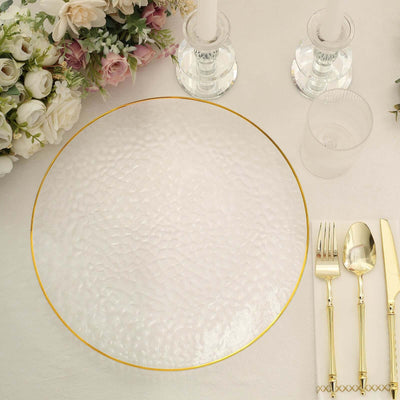 6-Pack Economy Plastic Charger Plates 13" Round Clear Hammered Design with Gold Rim - Decorative Dinner Party Serving Plates