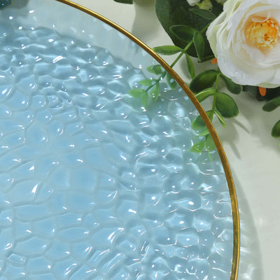 10 Pack Economy Plastic Charger Plates 13" Round Transparent Dusty Blue Hammered Design with Gold Rim - Decorative Dinner Party Serving Plates