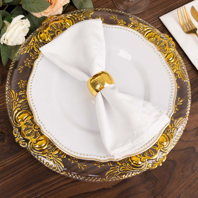 6-Pack Plastic Charger Plates 13" Round Clear with Gold Florentine Embossed Rim - Exquisite Dinner Serving Plates