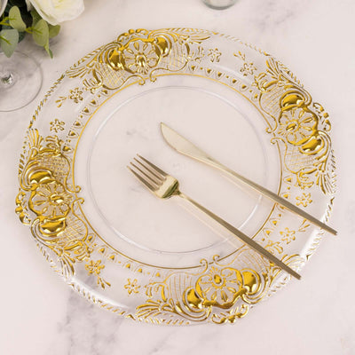 6-Pack Plastic Charger Plates 13" Round Clear with Gold Florentine Embossed Rim - Exquisite Dinner Serving Plates