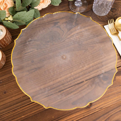 20 Pack Economy Plastic Charger Plates 13" Round Clear Sunflower Design with Gold Scalloped Rim - Event Tableware