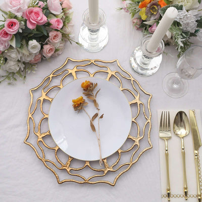 6-Pack Acrylic Charger Plates 13" Round Gold Floral Cutout Design - Hollow Flower Plastic Decorative Dinner Party Charger Tableware