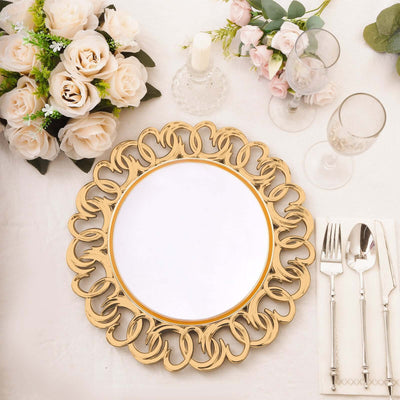 6-Pack Plastic Charger Plates 13" Round Gold with Entwined Swirl Rim - Plastic Disposable Decorative Chargers