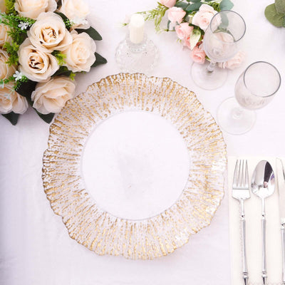 6-Pack Plastic Charger Plates 12", Round Clear with Gold Brushed Scalloped Reef Rim - Decorative Dinner Party Serving Plates