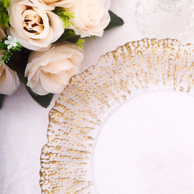 6-Pack Plastic Charger Plates 12", Round Clear with Gold Brushed Scalloped Reef Rim - Decorative Dinner Party Serving Plates