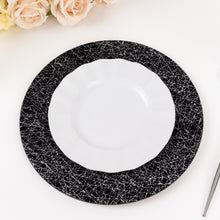 6 Pack Black Glitter Acrylic Charger Plates with Silver Abstract Lines Pattern