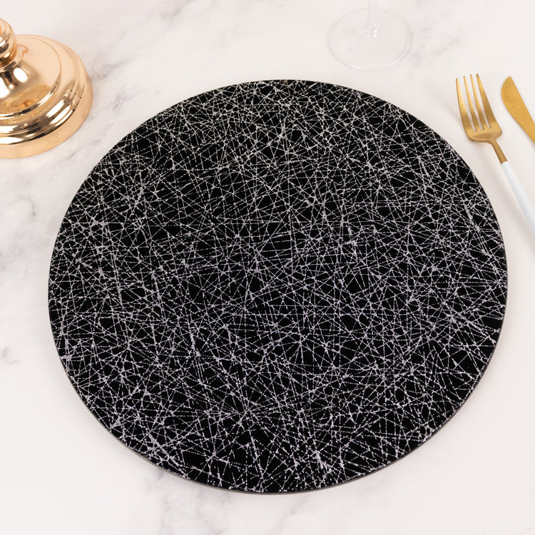 6 Pack Black Glitter Acrylic Charger Plates with Silver Abstract Lines Pattern