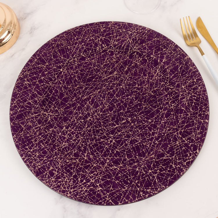 6 Pack Purple Glitter Acrylic Charger Plates with Gold Abstract Lines Pattern