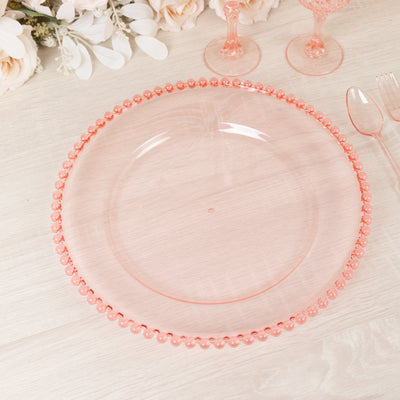 6-Pack Acrylic Charger Plates 13" Round Transparent Blush with Beaded Rim - Decorative Dinner Party Serving Plates