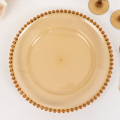 6-Pack Acrylic Charger Plates 13" Round Amber Gold with Beaded Rim - Decorative Dinner Party Charger Tableware