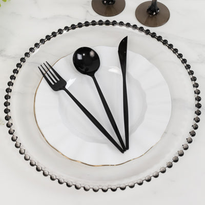 6-Pack Acrylic Charger Plates 13" Round Clear with Black Beaded Rim - Decorative Dinner Party Charger Tableware
