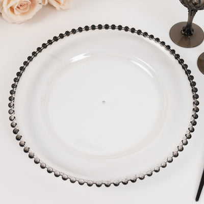 6-Pack Acrylic Charger Plates 13" Round Clear with Black Beaded Rim - Decorative Dinner Party Charger Tableware