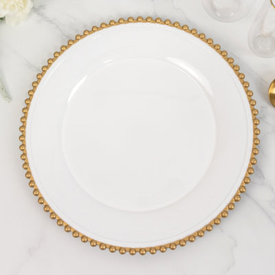 6-Pack Acrylic Charger Plates 13" Round White with Gold Beaded Rim - Decorative Dinner Party Charger Tableware