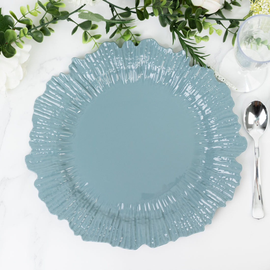 10 Pack Economy Plastic Charger Plates – 13inch Dusty Blue Reef Rim Design Chargers for Weddings