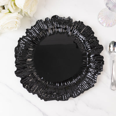 10 Pack Economy Plastic Charger Plates – 13" Black Reef Rim Design Chargers for Weddings & Parties