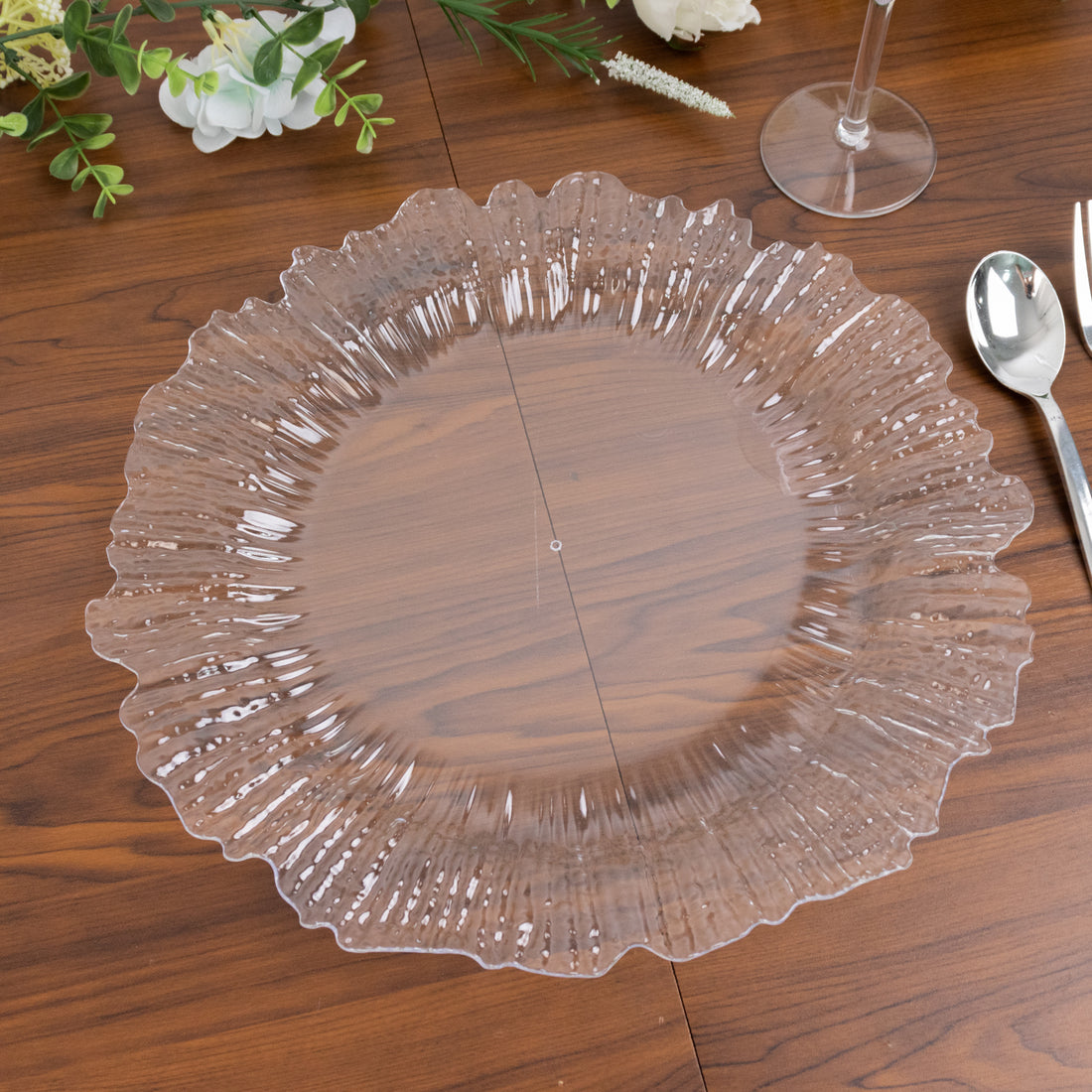 10 Pack Economy Plastic Charger Plates 13inch Clear Reef Rim Design Chargers for Weddings & Parties