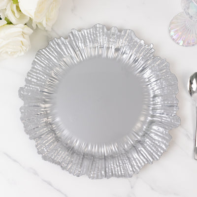 10 Pack Economy Plastic Charger Plates – 13" Silver Reef Rim Design Chargers for Weddings & Parties