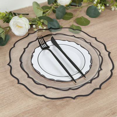 10-Pack Economy Plastic Charger Plates 13" Round Clear with Black Scalloped Rim - Decorative Dinner Party Serving Plates