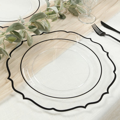 10-Pack Economy Plastic Charger Plates 13" Round Clear with Black Scalloped Rim - Decorative Dinner Party Serving Plates