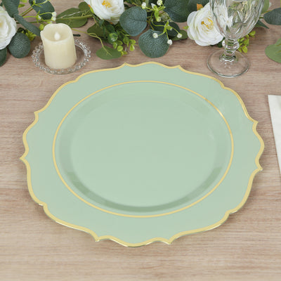 10-Pack Economy Plastic Charger Plates 13" Round Sage Green with Gold Scalloped Rim - Decorative Dinner Party Serving Plates
