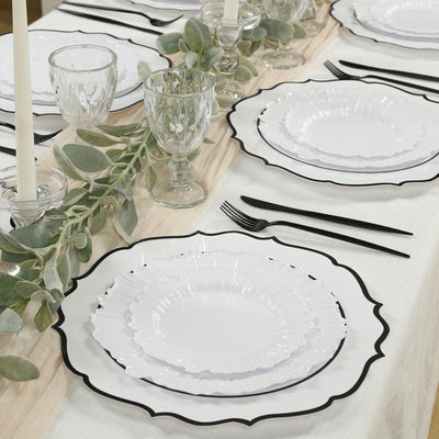 10-Pack Economy Plastic Charger Plates 13" Round White with Black Scalloped Rim - Decorative Dinner Party Serving Plates