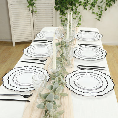 10-Pack Economy Plastic Charger Plates 13" Round White with Black Scalloped Rim - Decorative Dinner Party Serving Plates
