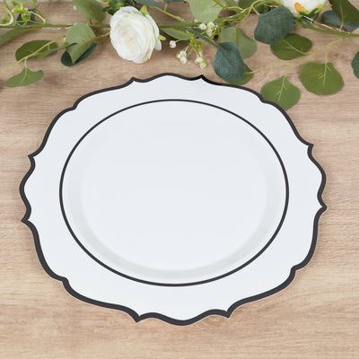10-Pack Economy Plastic Charger Plates 13" Round White with Black Scalloped Rim - Decorative Dinner Party Serving Plates