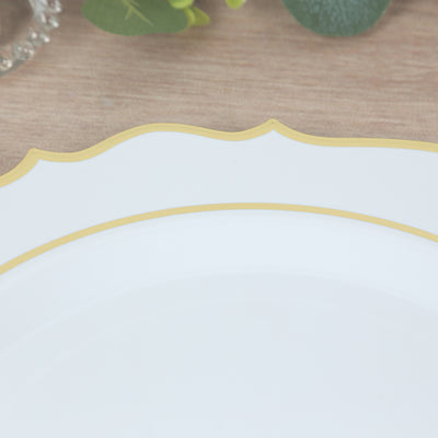 10-Pack Economy Plastic Charger Plates 13" Round White with Gold Scalloped Rim - Decorative Dinner Party Serving Plates