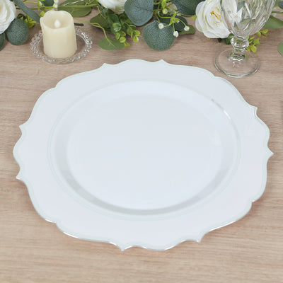 10-Pack Economy Plastic Charger Plates 13" Round White with Silver Scalloped Rim - Decorative Dinner Party Serving Plates