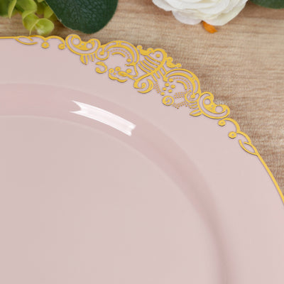 20-Pack Economy Plastic Charger Plates 13" Round Blush with Gold Embossed Baroque Rim - Stylish Dinner Party Serving Plates