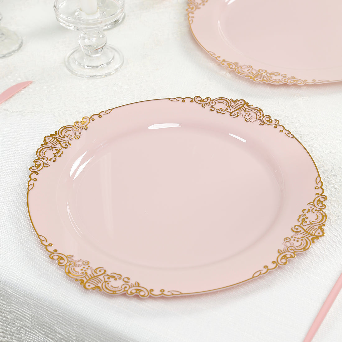20-Pack Economy Plastic Charger Plates 13inch Round Blush with Gold Embossed Baroque Rim - Stylish