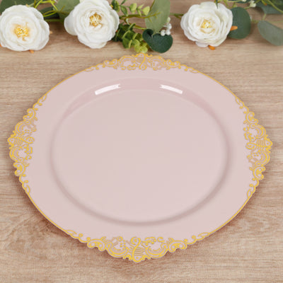 20-Pack Economy Plastic Charger Plates 13" Round Blush with Gold Embossed Baroque Rim - Stylish Dinner Party Serving Plates