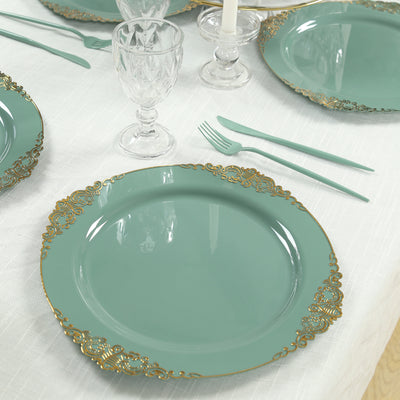 20-Pack Economy Plastic Charger Plates 13" Round Dusty Sage Green with Gold Embossed Baroque Rim - Stylish Dinner Party Serving Plates