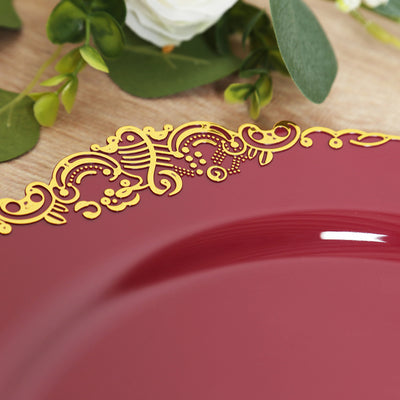 20-Pack Economy Plastic Charger Plates 13" Round Burgundy with Gold Embossed Baroque Rim - Stylish Dinner Party Serving Plates