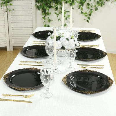 20-Pack Economy Plastic Charger Plates 13" Round Black with Gold Embossed Baroque Rim - Stylish Dinner Party Serving Plates