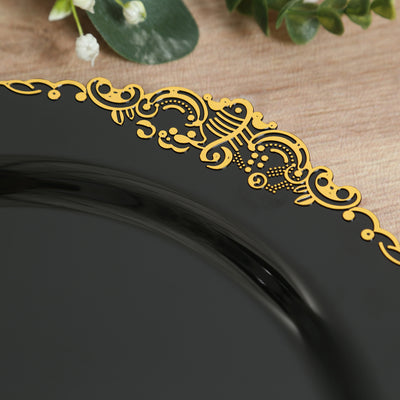 20-Pack Economy Plastic Charger Plates 13" Round Black with Gold Embossed Baroque Rim - Stylish Dinner Party Serving Plates