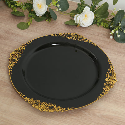 20-Pack Economy Plastic Charger Plates 13" Round Black with Gold Embossed Baroque Rim - Stylish Dinner Party Serving Plates