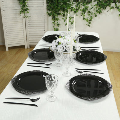 20-Pack Economy Plastic Charger Plates 13" Round Black with Silver Embossed Baroque Rim - Stylish Dinner Party Serving Plates