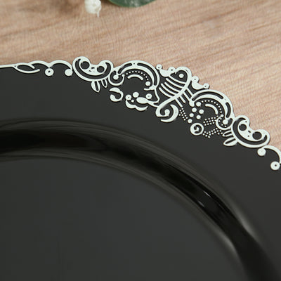 20-Pack Economy Plastic Charger Plates 13" Round Black with Silver Embossed Baroque Rim - Stylish Dinner Party Serving Plates