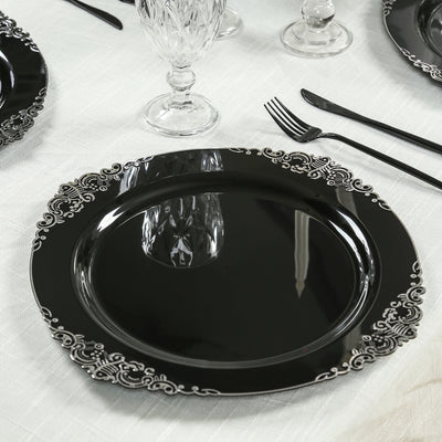 20-Pack Economy Plastic Charger Plates 13" Round Black with Silver Embossed Baroque Rim - Stylish Dinner Party Serving Plates