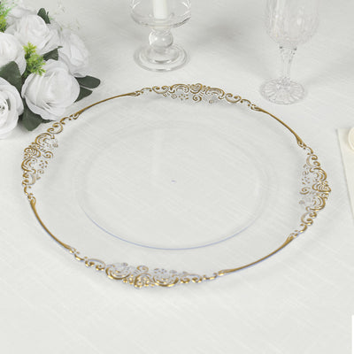 20-Pack Economy Plastic Charger Plates 13" Round Clear with Gold Embossed Baroque Rim - Stylish Dinner Party Serving Plates