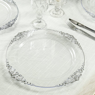 20-Pack Economy Plastic Charger Plates 13" Round Clear with Silver Embossed Baroque Rim - Stylish Dinner Party Serving Plates