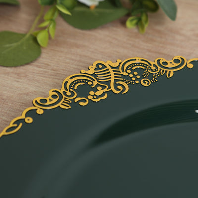 20-Pack Economy Plastic Charger Plates 13" Round Hunter Emerald Green with Gold Embossed Baroque Rim - Stylish Dinner Party Serving Plates