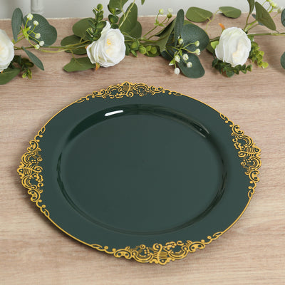 20-Pack Economy Plastic Charger Plates 13" Round Hunter Emerald Green with Gold Embossed Baroque Rim - Stylish Dinner Party Serving Plates