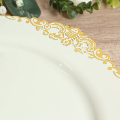 20-Pack Economy Plastic Charger Plates 13" Round Ivory with Gold Embossed Baroque Rim - Stylish Dinner Party Serving Plates