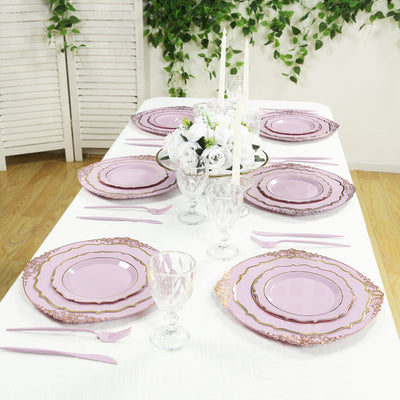 20-Pack Economy Plastic Charger Plates 13" Round Lavender Lilac with Gold Embossed Baroque Rim - Stylish Dinner Party Serving Plates