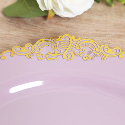 20-Pack Economy Plastic Charger Plates 13" Round Lavender Lilac with Gold Embossed Baroque Rim - Stylish Dinner Party Serving Plates