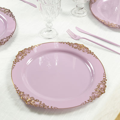 20-Pack Economy Plastic Charger Plates 13" Round Lavender Lilac with Gold Embossed Baroque Rim - Stylish Dinner Party Serving Plates