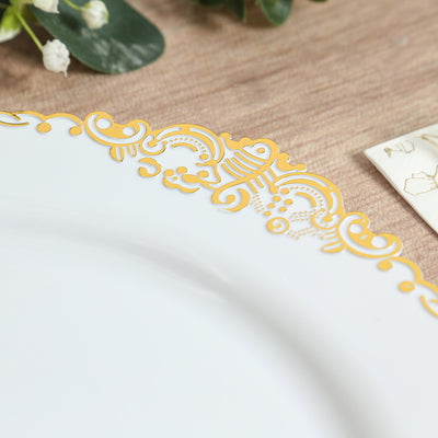 20-Pack Economy Plastic Charger Plates 13" Round White with Gold Embossed Baroque Rim - Stylish Dinner Party Serving Plates