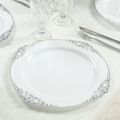 20-Pack Economy Plastic Charger Plates 13" Round White with Silver Embossed Baroque Rim - Stylish Dinner Party Serving Plates